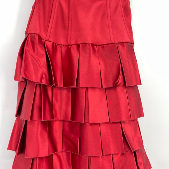 NBD | Echo Gown in Red Satin Drop Waist Strapless Tiered Layered Maxi Dress XS - Picture 8 of 16